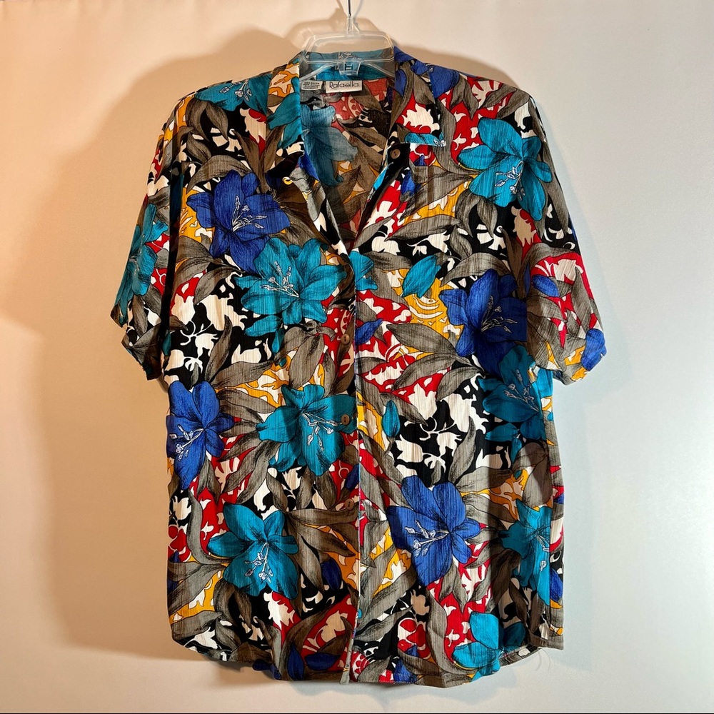 Vintage Rafaella Womens M Bright Floral Vintage Short Sleeved Button Up Blouse!